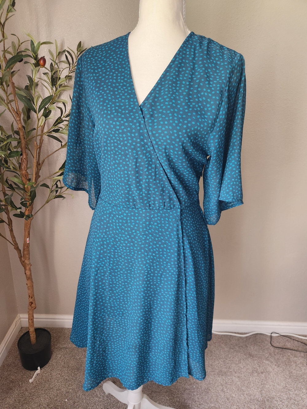 MICHI Teal Dot Faux-Wrap Midi Dress